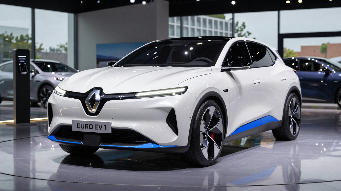 Carro elétrico branco Renault Euro EV1 exposto em salão automotivo com detalhes azuis.
