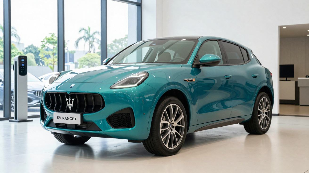 Carro elétrico Maserati EV Range+ azul exposto em showroom moderno com chão branco e paredes claras.