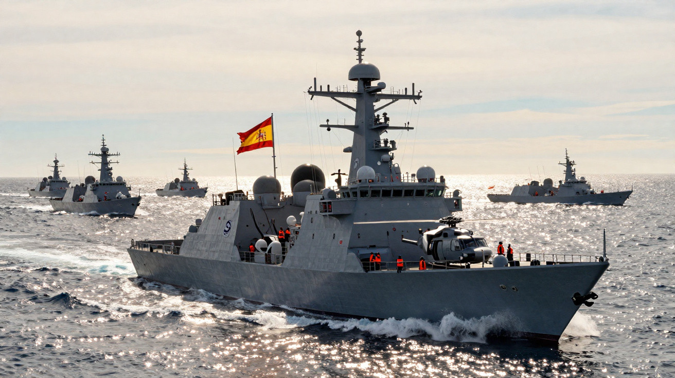 Formação de navios de guerra espanhóis navegando no mar com tripulação a bordo e helicóptero no convés.