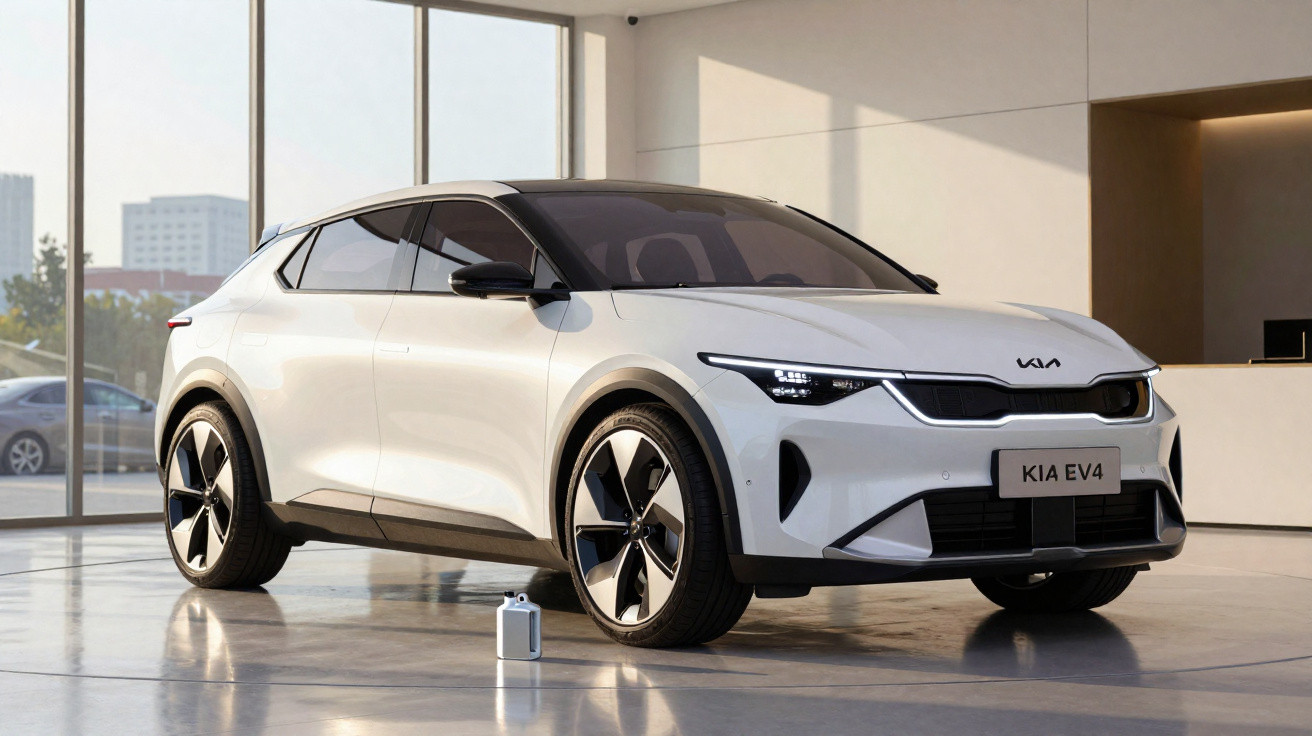Carro elétrico branco Kia EV4 estacionado em ambiente interno moderno com janelas grandes ao fundo.