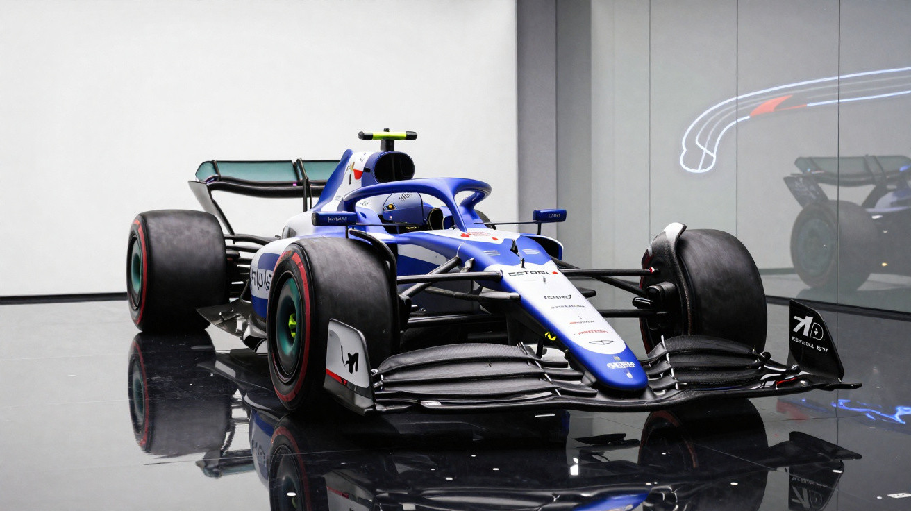 Carro de Fórmula 1 azul e branco em exposição, refletido no piso preto brilhante.