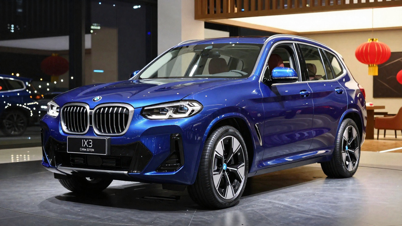 BMW IX3 azul estacionado em salão de exposição com decoração moderna e luminária vermelha.