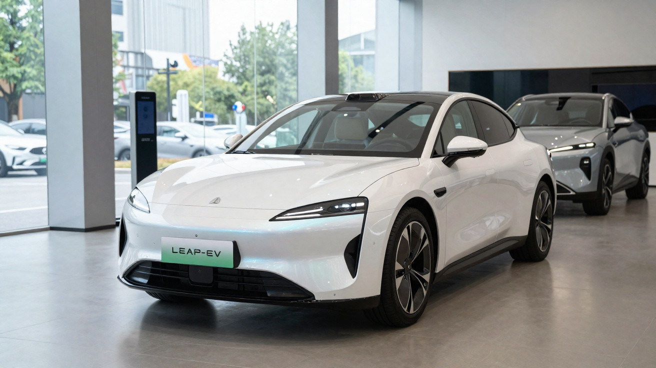 Carro elétrico branco LEAP-EV exposto em showroom moderno com outro veículo ao fundo.
