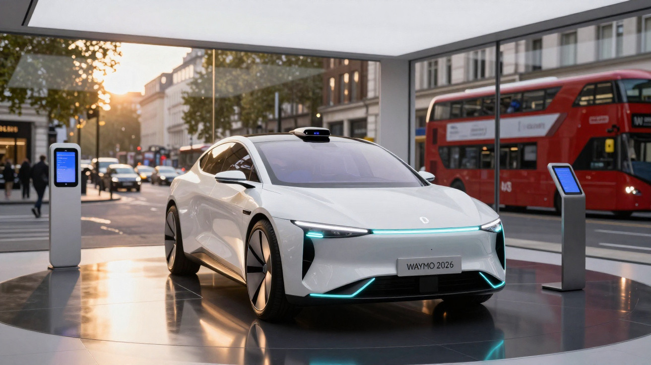 Carro autônomo branco Waymo 2026 exibido em estande moderno com ônibus vermelho ao fundo na cidade.