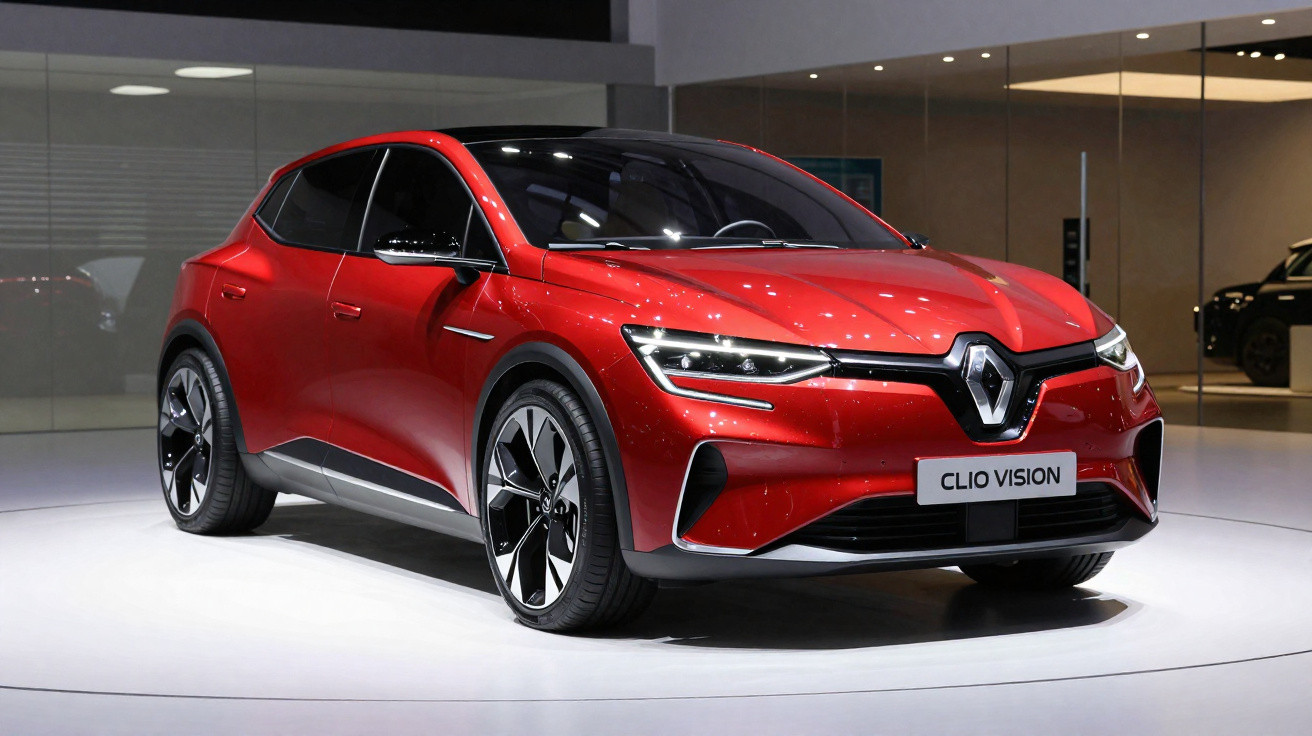 Carro elétrico vermelho Renault Clio Vision exposto em salão automotivo com iluminação branca.