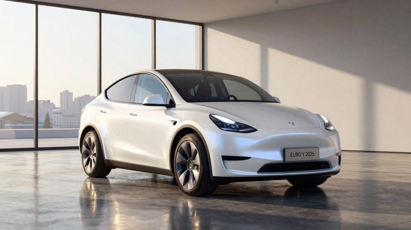 Carro elétrico Tesla Model Y branco estacionado em ambiente interno amplo com luz natural.