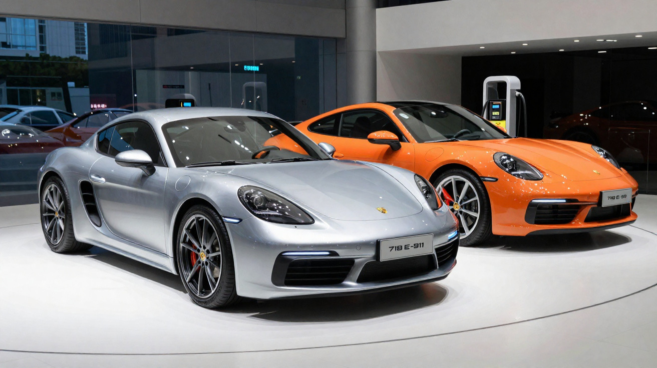 Dois carros esportivos Porsche estacionados em showroom, um prata e outro laranja.