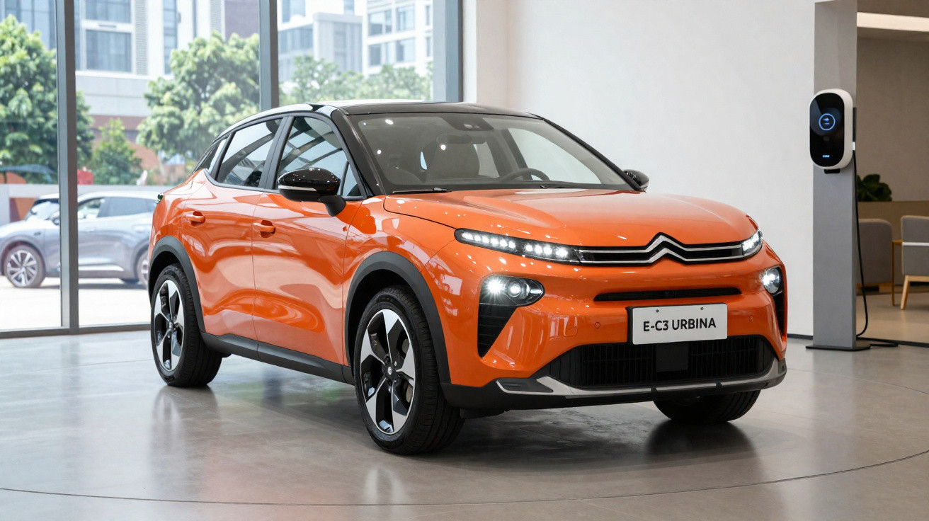 Carro elétrico Citroën E-C3 Urbina laranja estacionado em salão moderno com carregador ao fundo.