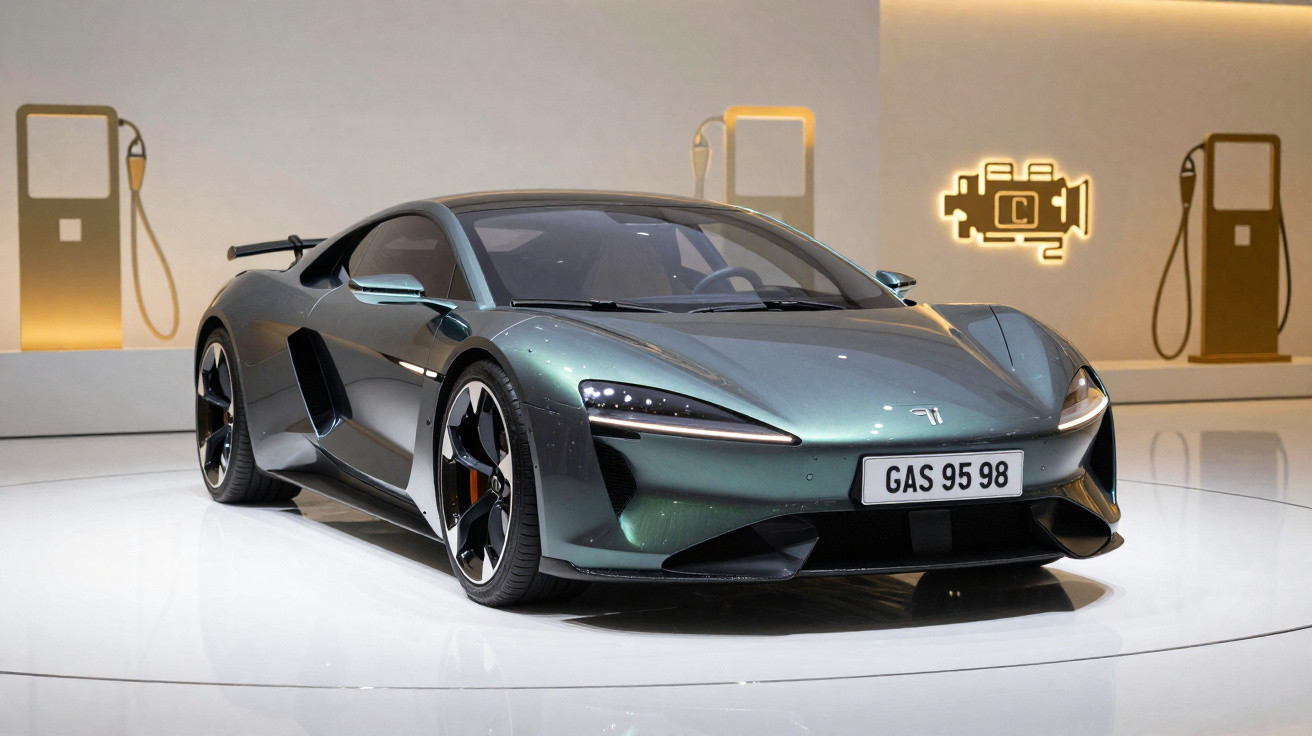 Carro esportivo cinza metálico em exposição, com carregadores elétricos ao fundo.