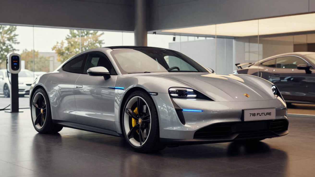 Carro esportivo elétrico Porsche 718 Future cinza exibido em showroom moderno com estação de carregamento.
