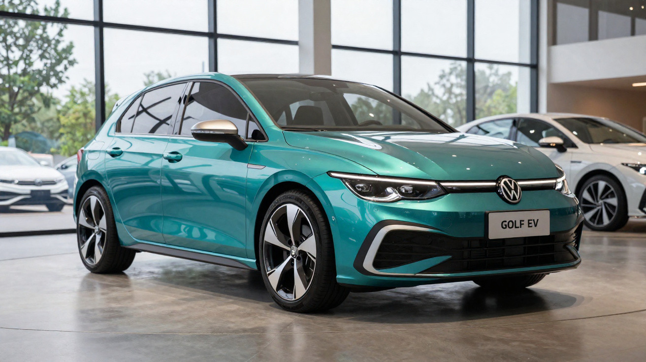 Carro elétrico Volkswagen Golf EV verde exibido em showroom com vidros grandes ao fundo.