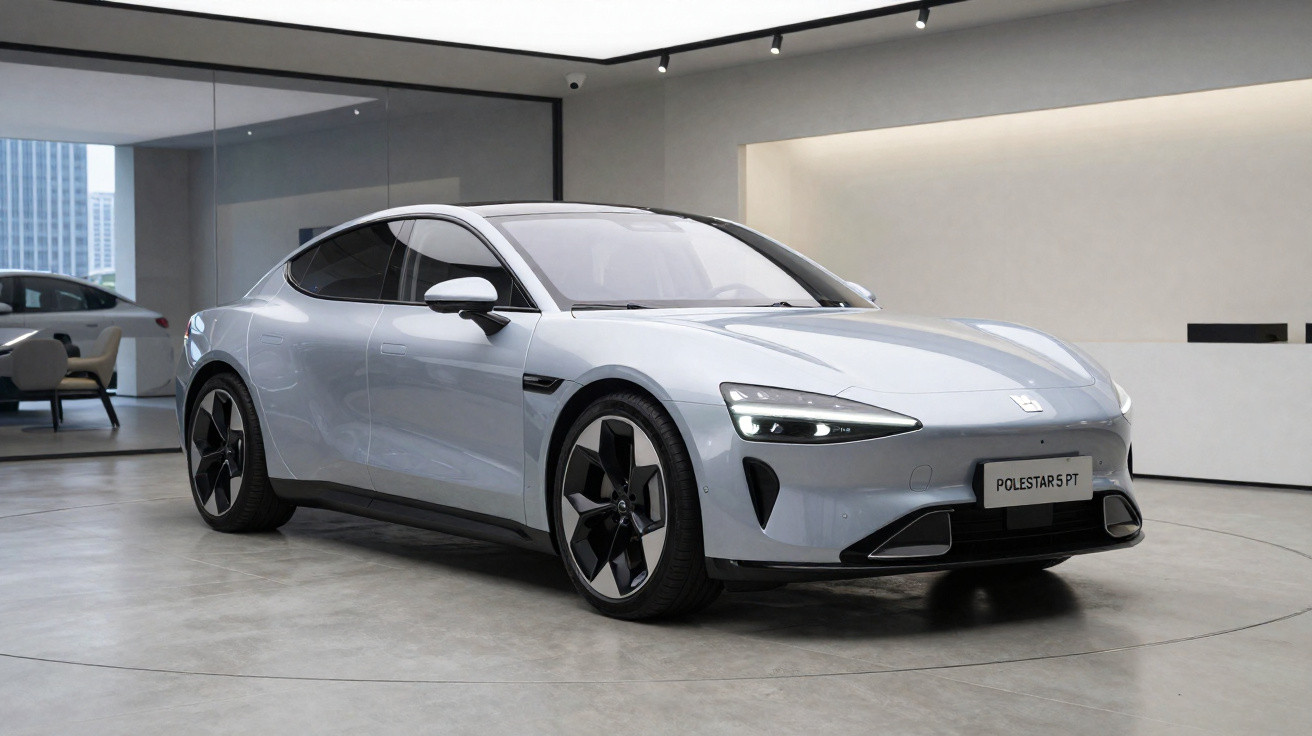 Carro elétrico cinza Polestar 5 PT em showroom moderno com piso de cimento e iluminação branca.