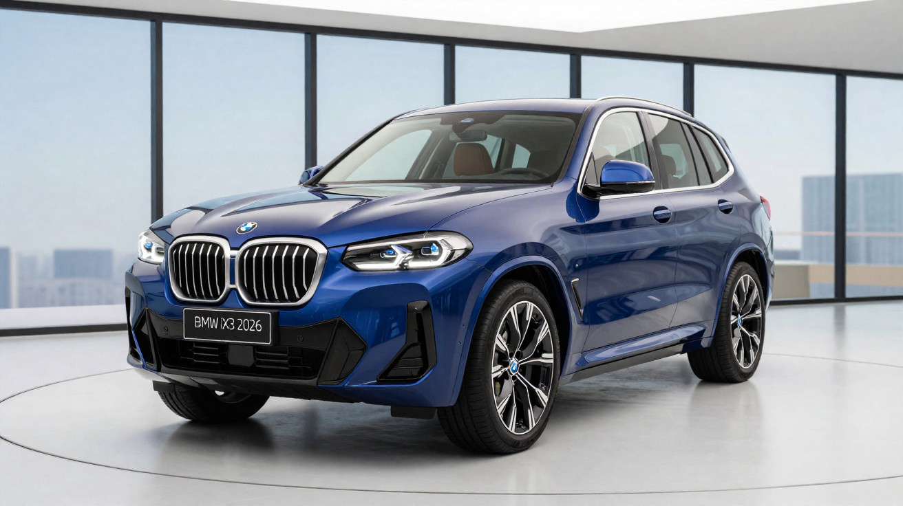 Carro SUV BMW X3 2026 azul em ambiente interno moderno com piso branco e grandes janelas de vidro.
