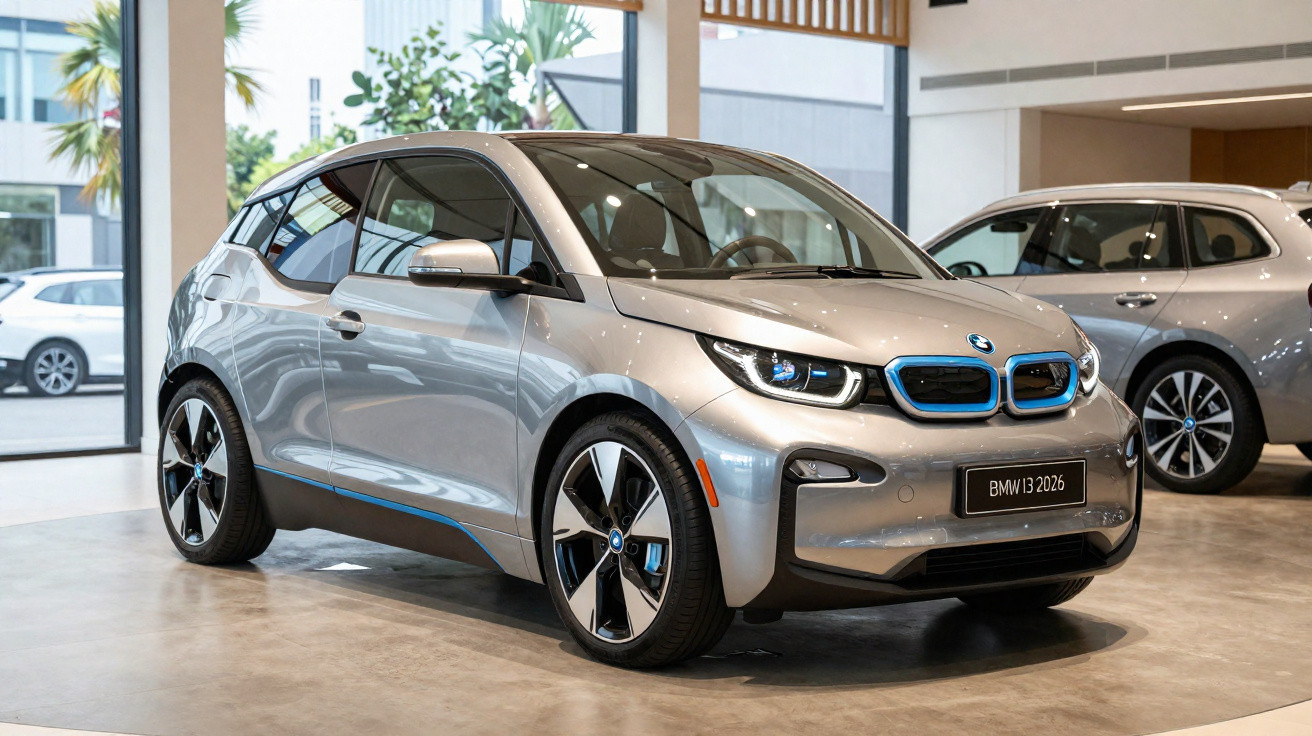 Carro elétrico BMW i3 prata com detalhes azuis em exposição em showroom moderno.