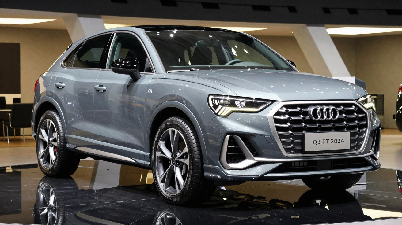 Audi Q3 2024 cinza em exposição, vista frontal lateral direita, teto esportivo e rodas de liga leve.