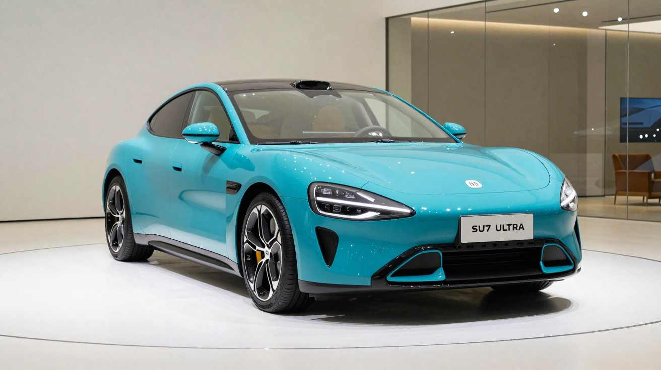 Carro esportivo elétrico azul modelo SU7 ULTRA exibido em salão moderno e iluminado.