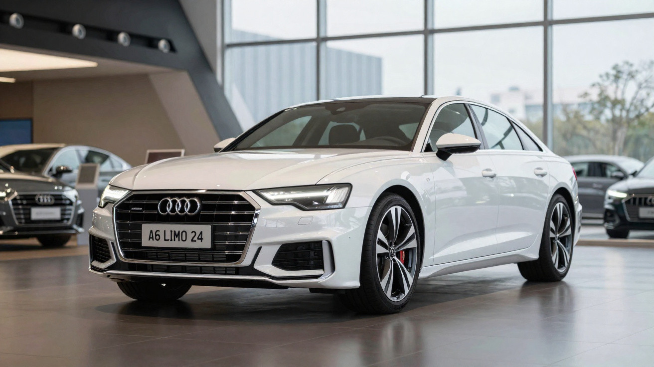 Carro Audi A6 branco estacionado em showroom com vidro e outros carros ao fundo.