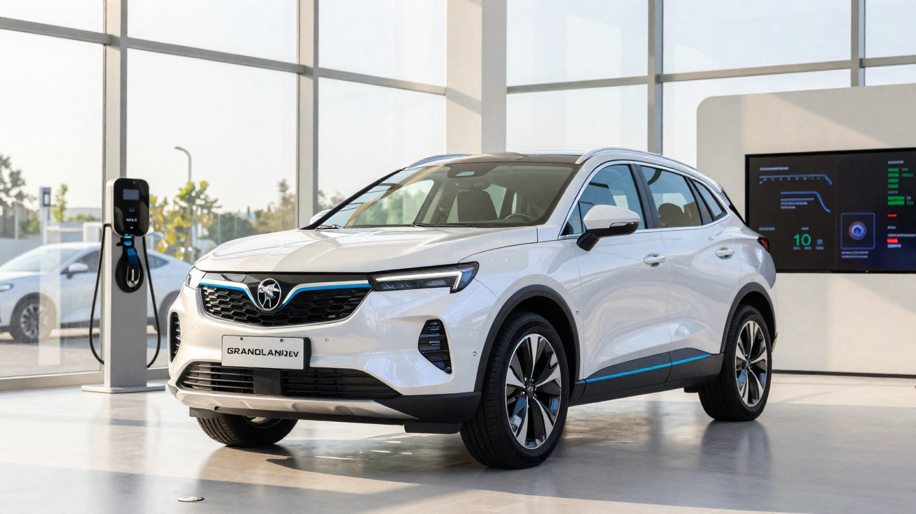 Carro elétrico branco modelo GrandlandjeV em ambiente interno moderno com estação de carregamento ao lado.