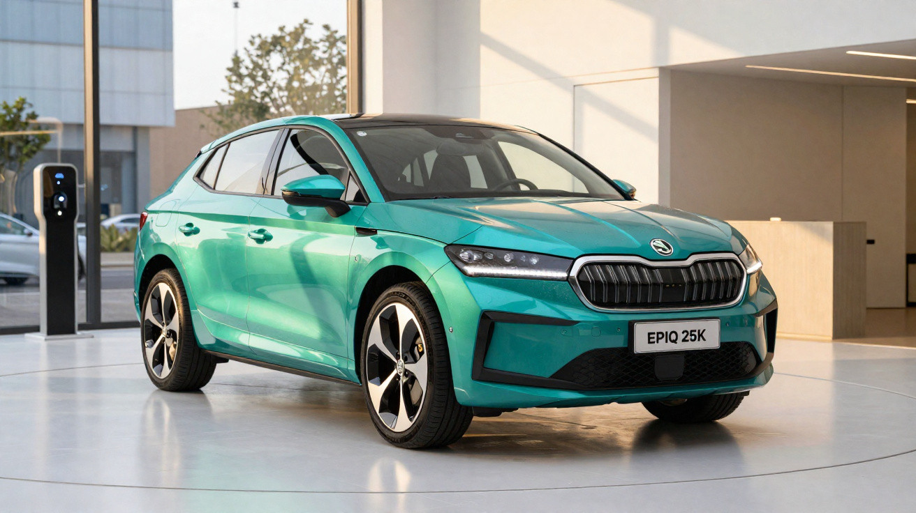 Carro elétrico hatchback verde água Škoda EPIQ 25K em ambiente de showroom moderno.