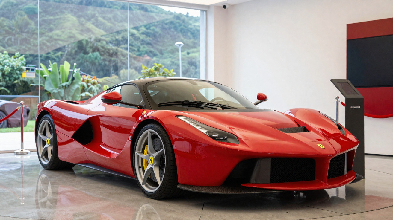 Carro esportivo Ferrari vermelho estacionado em showroom com vidro e vegetação ao fundo.