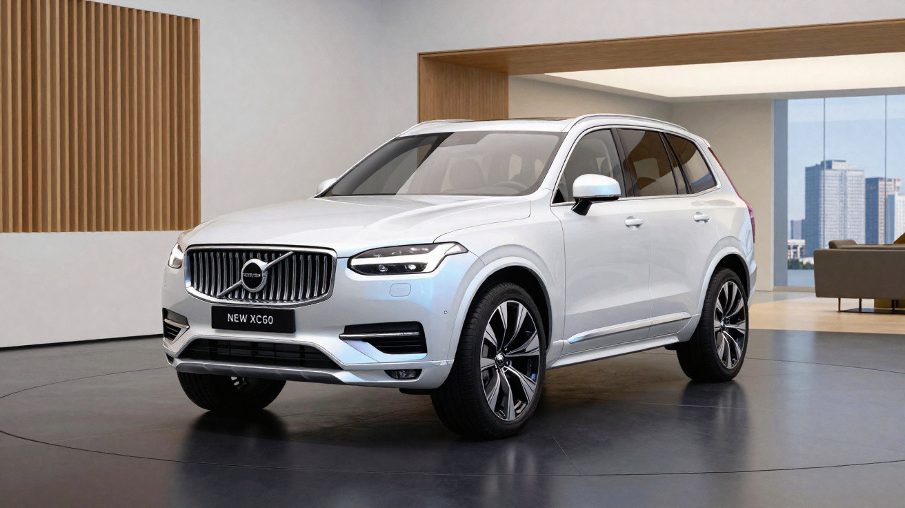 Carro SUV Volvo XC60 branco exibido em ambiente moderno com piso escuro e parede clara.