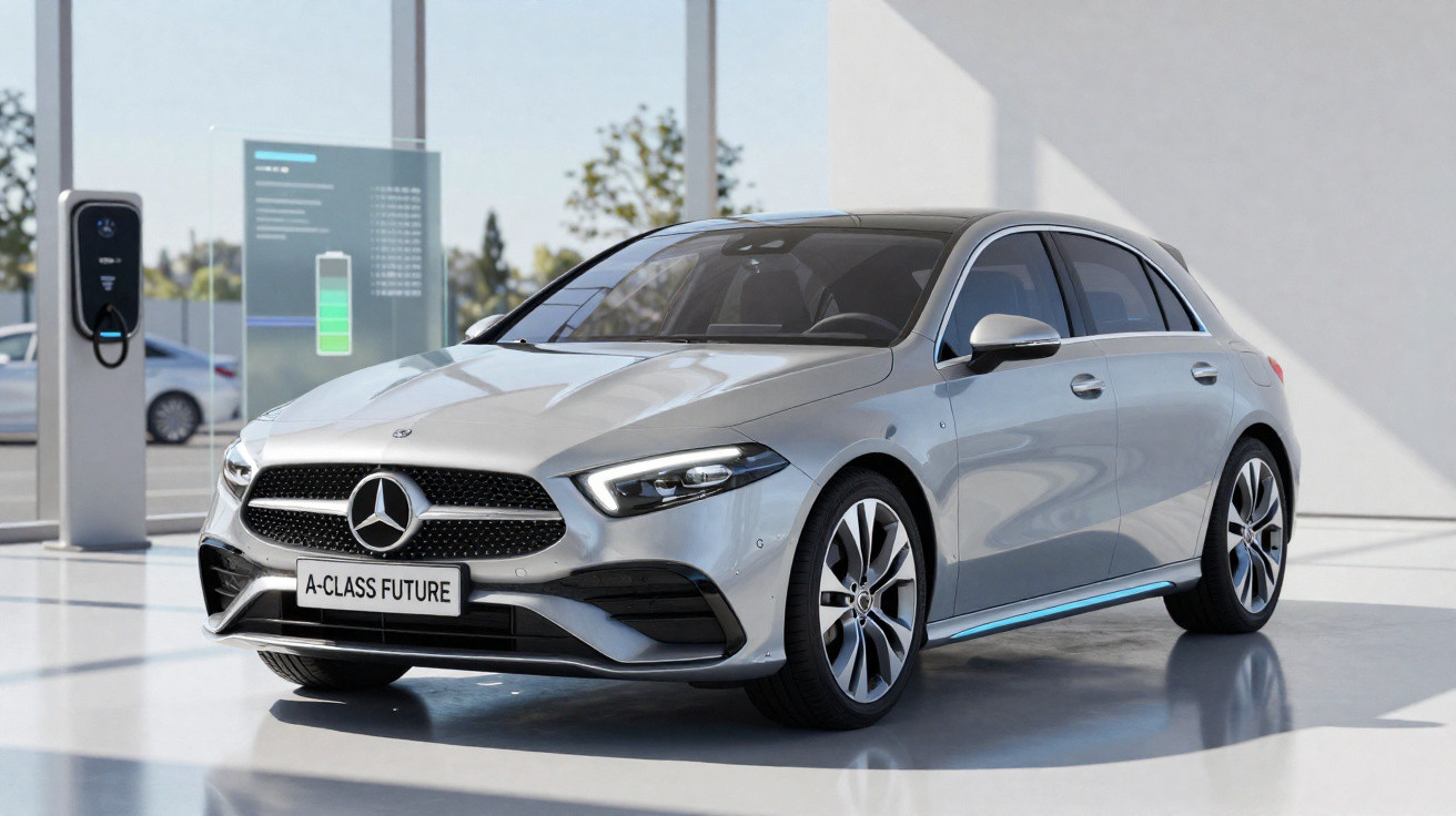 Carro elétrico Mercedes-Benz Classe A prata estacionado próximo a estação de recarga dentro de showroom moderno.
