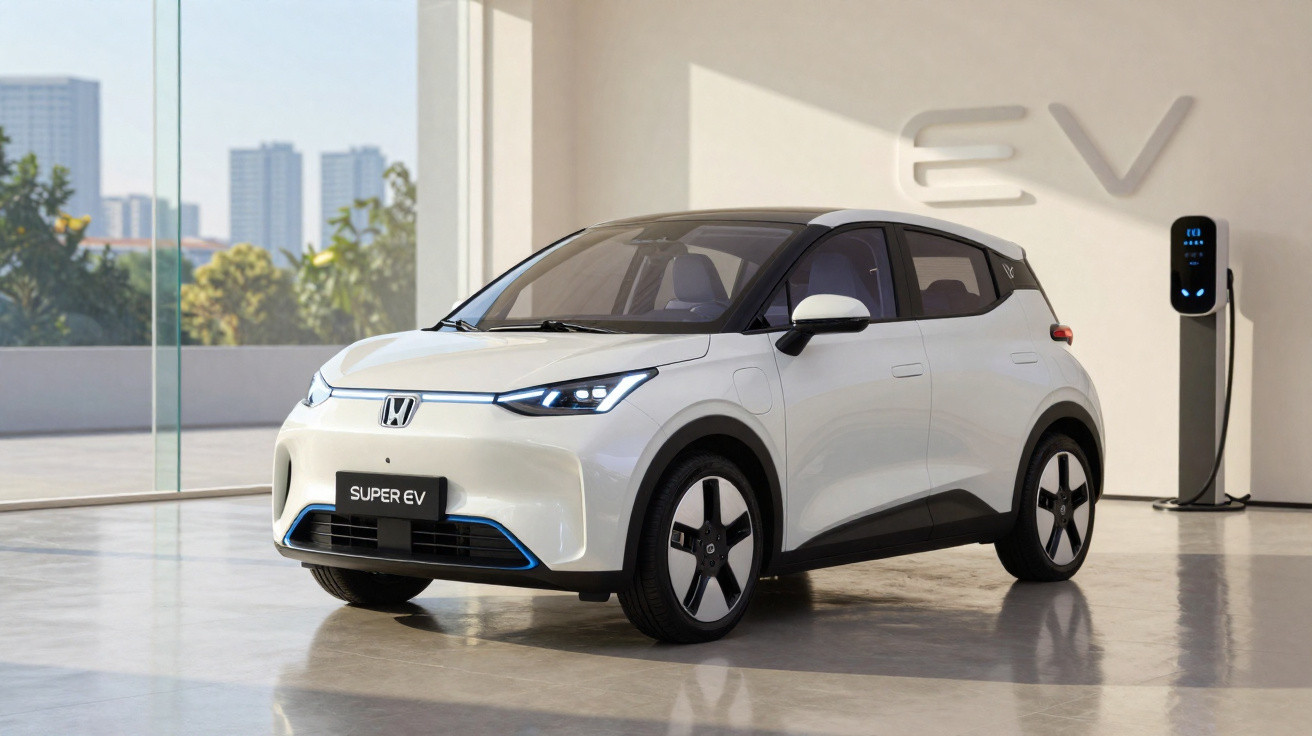 Carro elétrico Honda Super EV branco estacionado em ambiente moderno com carregador ao fundo.