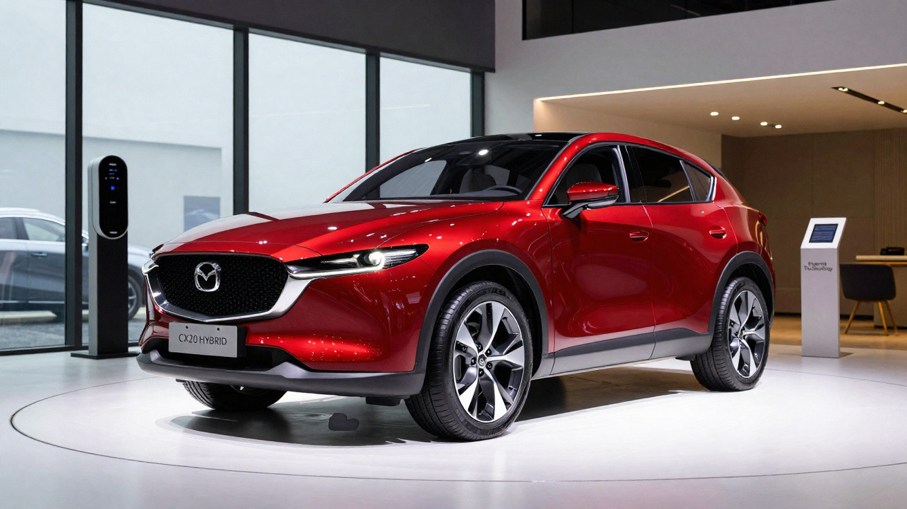 Carro SUV híbrido Mazda CX-20 vermelho exposto em salão moderno com piso branco e iluminação elegante.