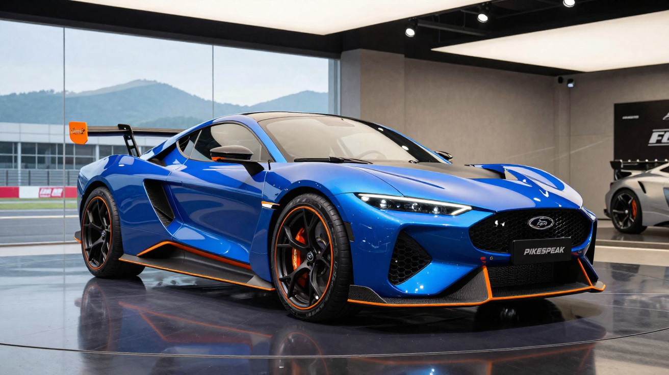 Carro esportivo azul com detalhes em laranja, mostrado em ambiente interno com piso refletivo e montanhas ao fundo.