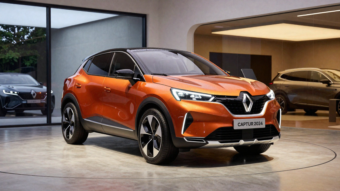 SUV Renault Captur 2024 laranja exibido em showroom moderno com iluminação suave e outra unidade ao fundo.