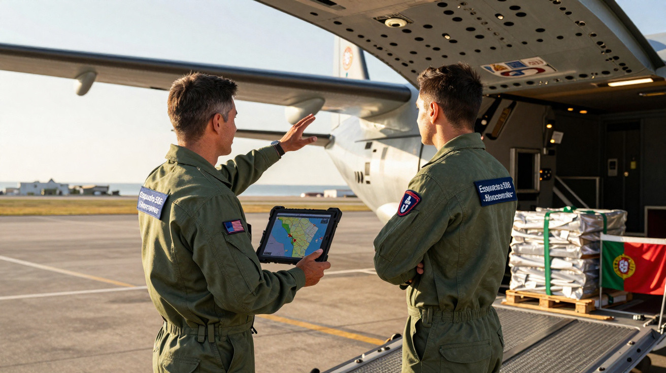 Dois militares em uniforme verde, um segurando tablet com mapa, próximos à rampa de um avião de carga.