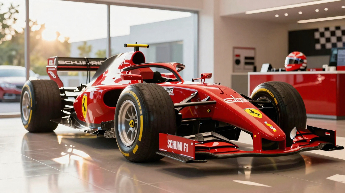Carro de corrida vermelho Ferrari modelo F1 em exposição interna com capacete vermelho ao fundo.