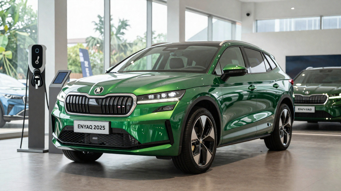 Carro elétrico verde Škoda Enyaq 2025 estacionado em showroom moderno com carregador ao lado.