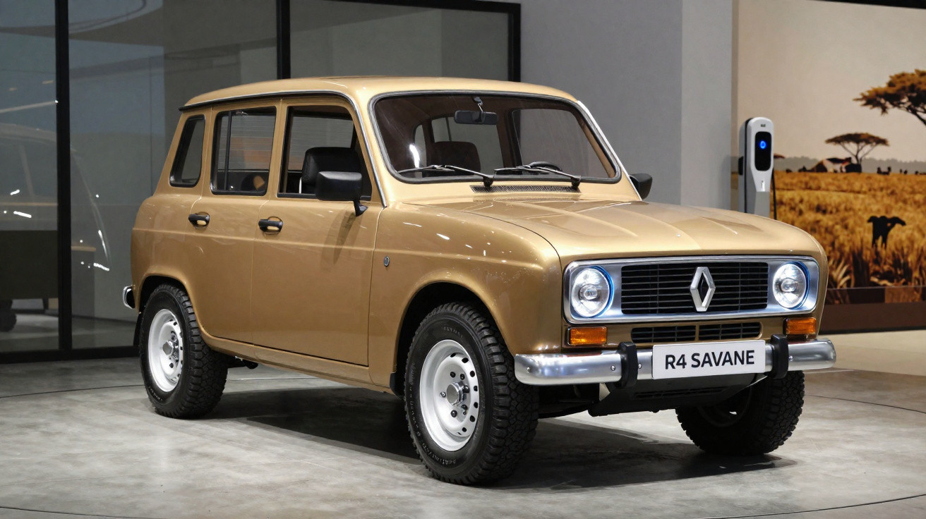 Carro Renault R4 Savane dourado exposto em ambiente interno com parede e carregador elétrico ao fundo.