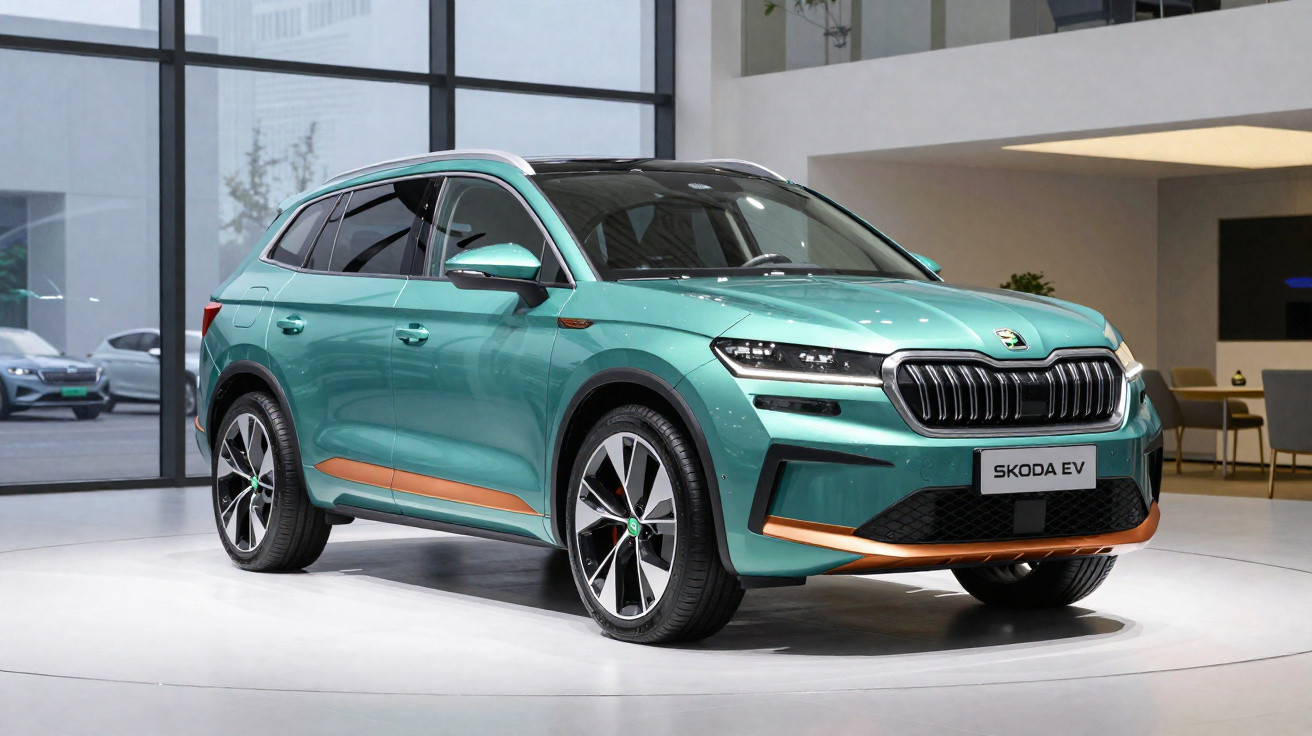 Carro SUV elétrico verde azul Skoda EV exposto em salão moderno com janelas amplas.