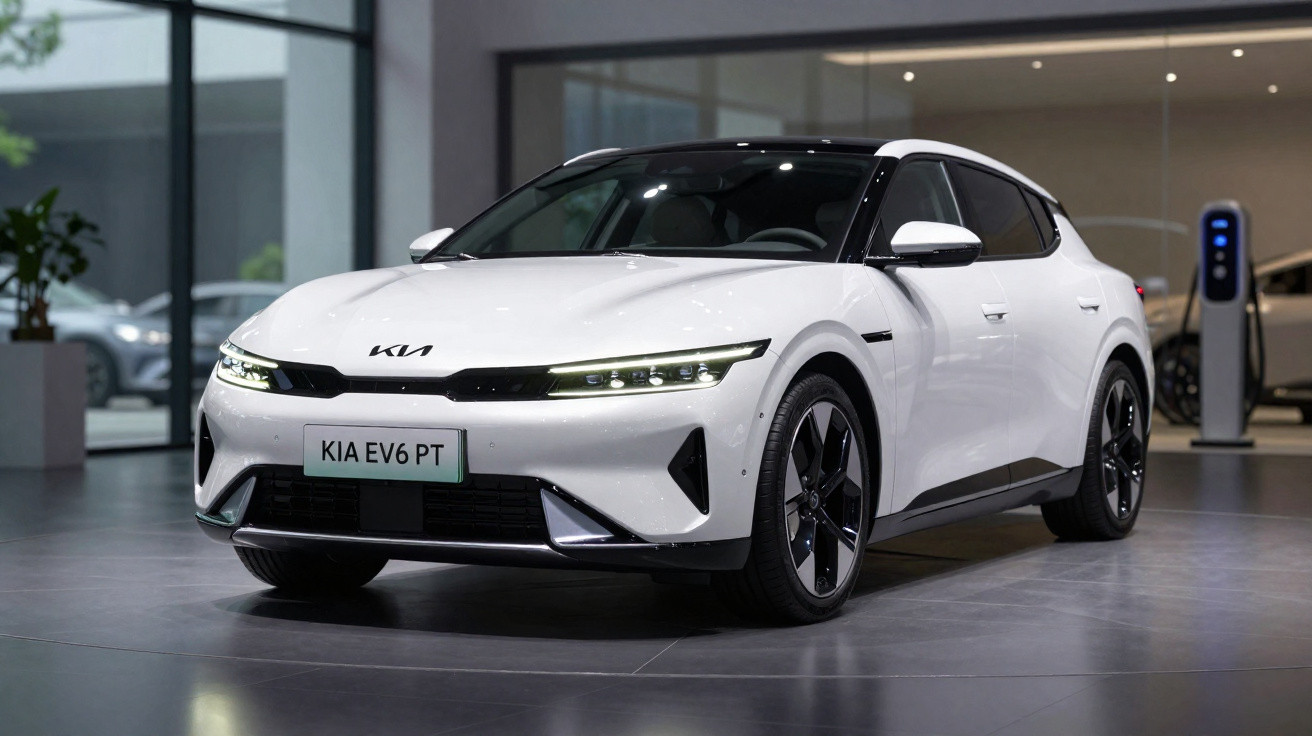 Carro elétrico branco Kia EV6 PT estacionado em ambiente interno moderno com carregador elétrico ao fundo.