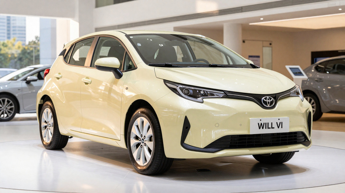 Carro compacto Toyota Will VI bege exposto em showroom moderno com iluminação natural.