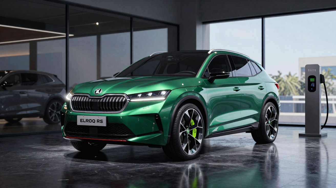 SUV elétrico verde Skoda Elroq RS estacionado em garagem moderna ao lado de carregador.