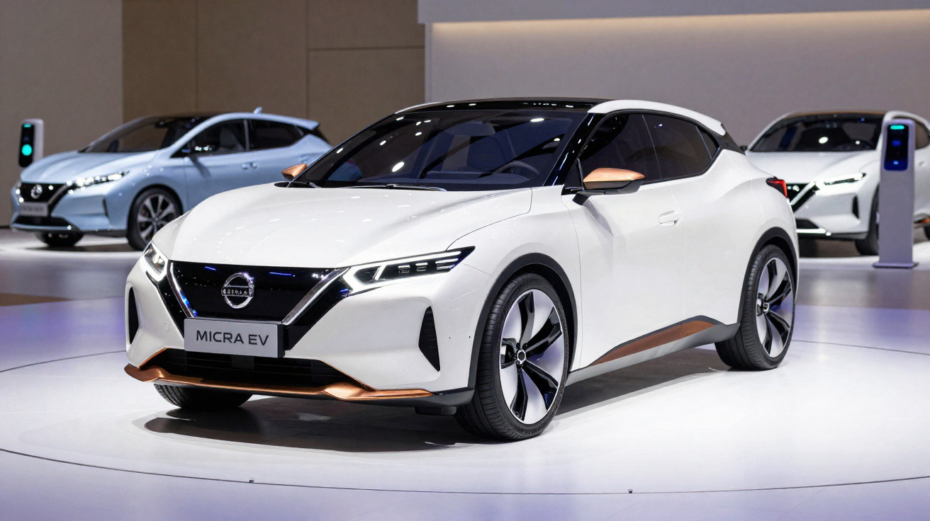 Carro elétrico branco Nissan Micra EV exposto em salão com outros veículos ao fundo.