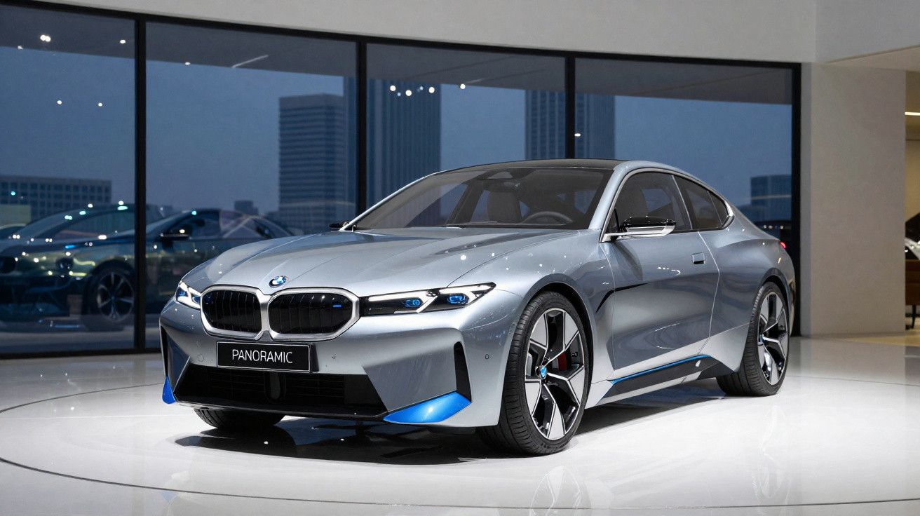 Carro esportivo BMW cinza prata exibido em showroom com iluminação moderna e fundo de grande janela.