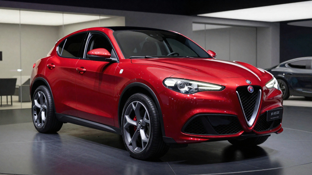 SUV vermelho Alfa Romeo Stelvio estacionado em ambiente interno com iluminação moderna.