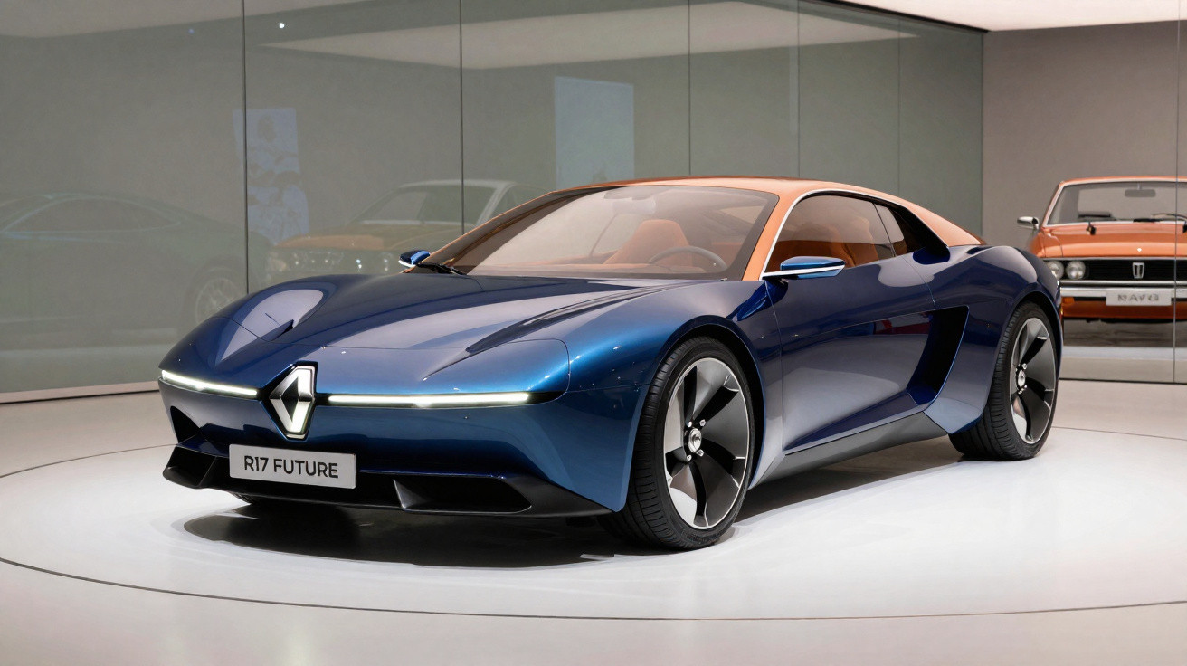 Carro esportivo conceitual Renault R17 Future azul com teto marrom exibido em showroom.