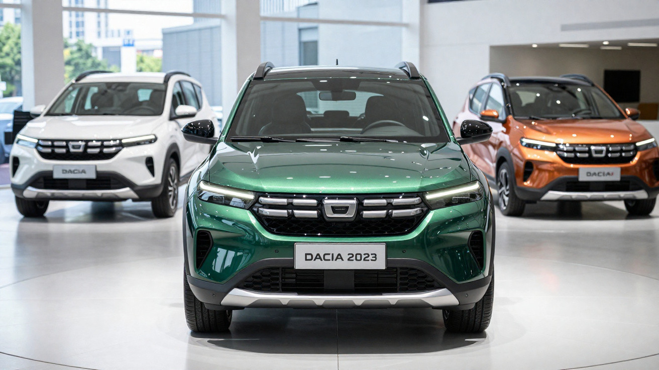 Três SUVs Dacia 2023 em exposição, destaque para o modelo verde ao centro em showroom moderno.