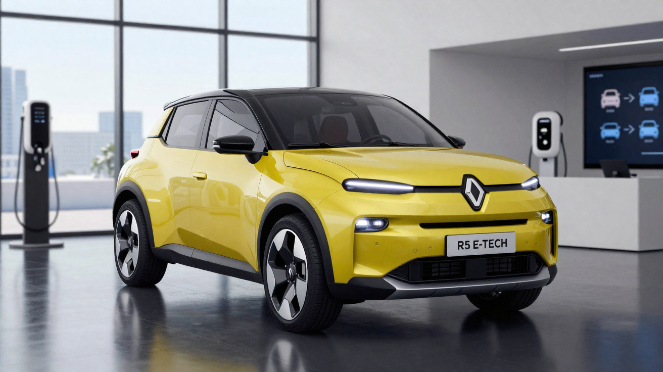 Carro elétrico Renault R5 E-TECH amarelo em showroom moderno com estação de recarga ao fundo.