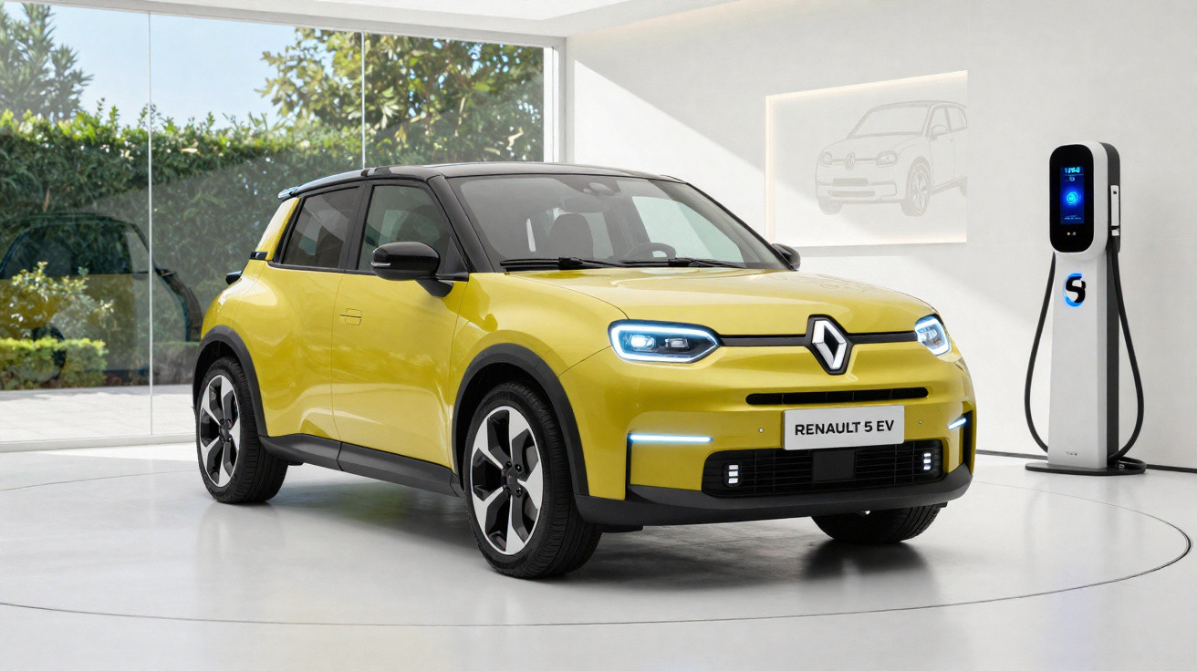 Carro elétrico Renault 5 EV amarelo estacionado ao lado de carregador em showroom moderno.