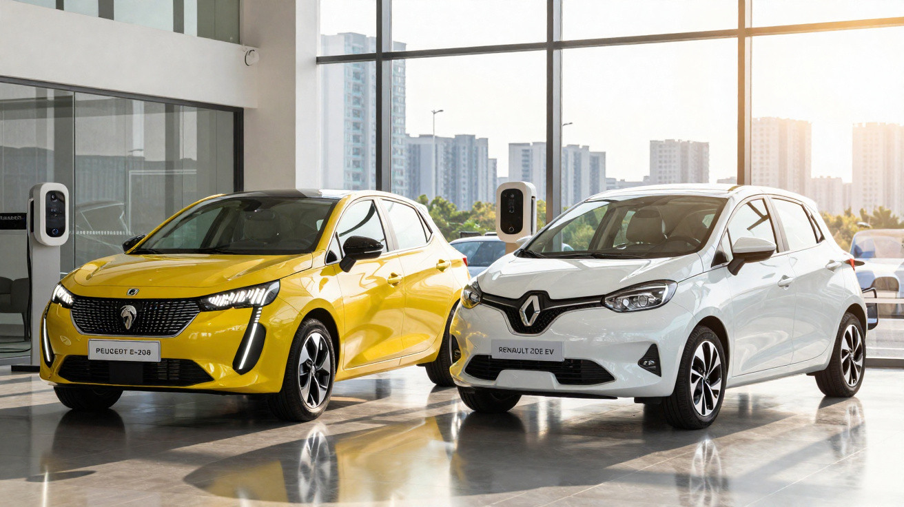 Carros elétricos Peugeot e-208 amarelo e Renault Zoe EV branco em showroom iluminado.