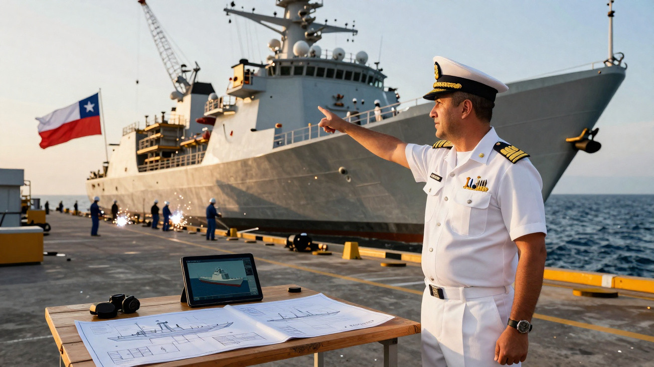 Oficial naval em uniforme branco aponta para navio de guerra ancorado em porto sob luz do entardecer.