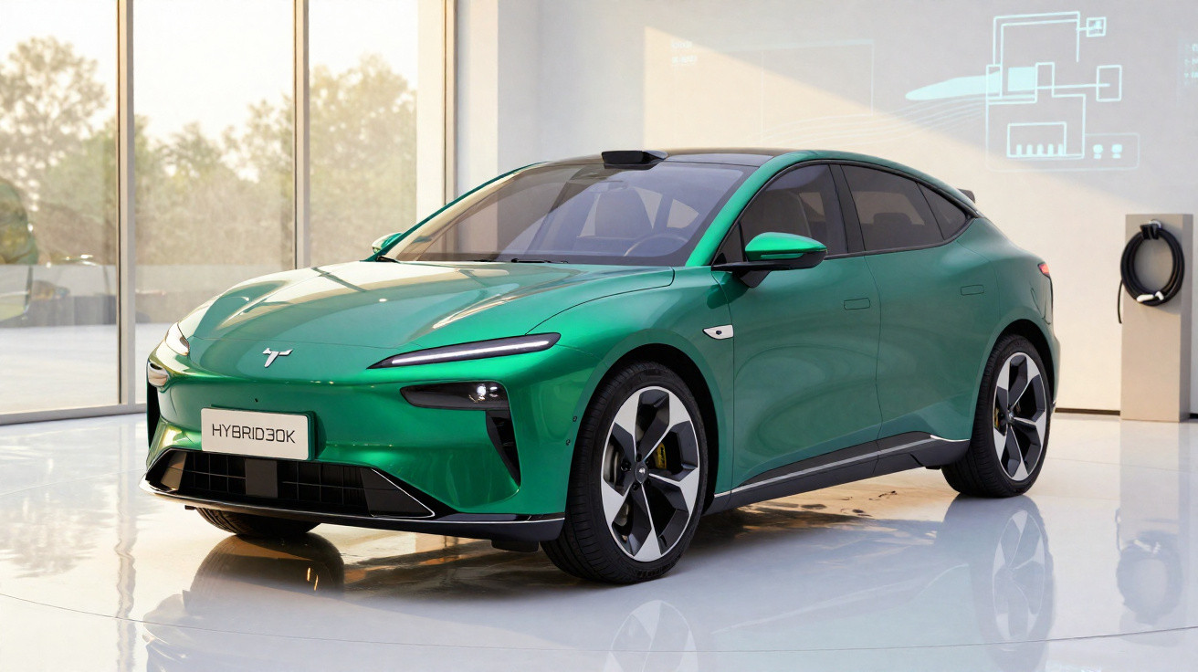 Carro elétrico verde metálico moderno estacionado em sala com piso branco e parede clara.