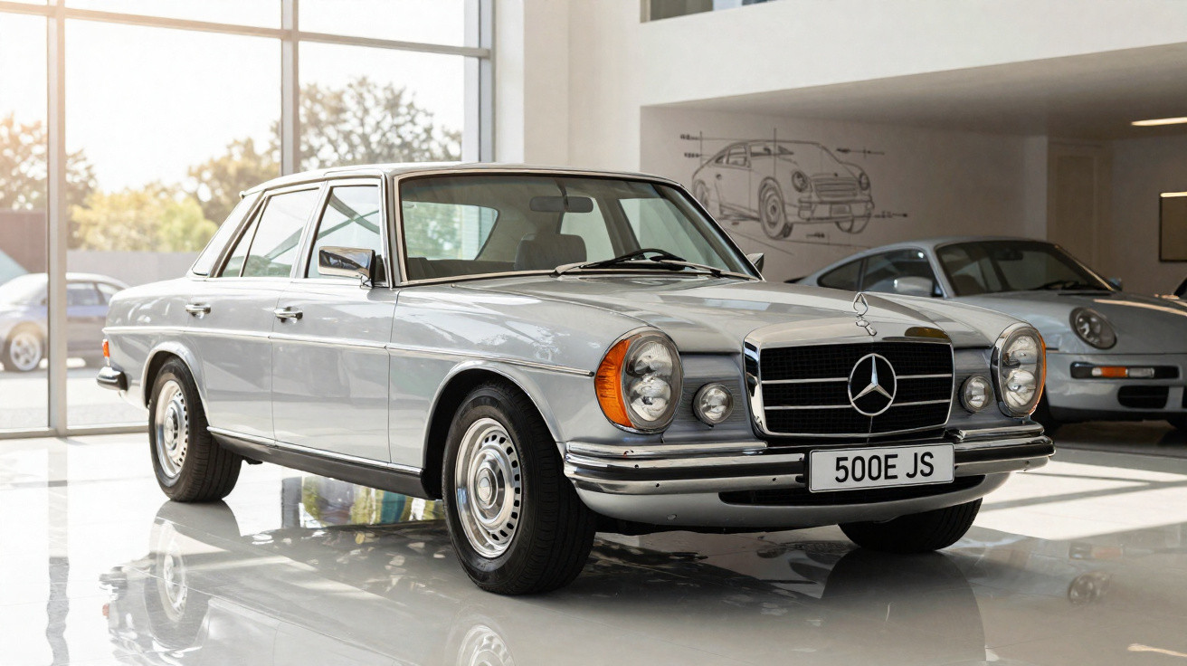 Mercedes-Benz clássico prata estacionado em showroom com luz natural e outro carro ao fundo.