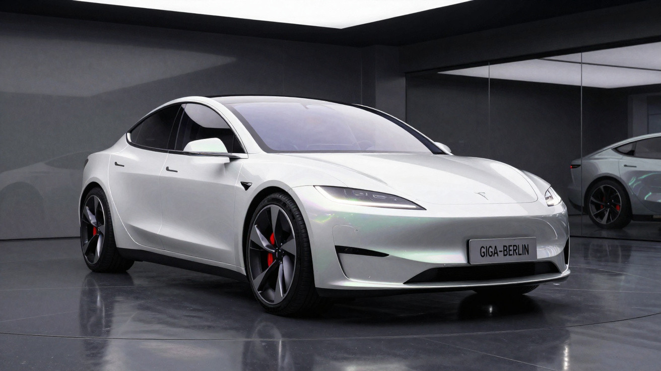 Carro elétrico branco Tesla Model S Giga-Berlin em showroom com piso e paredes cinzas e espelho lateral.